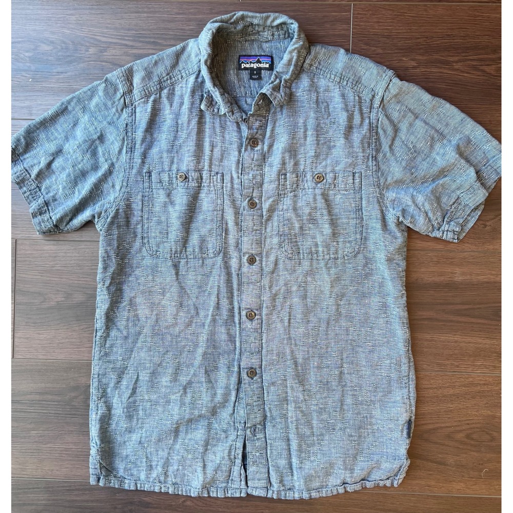 Patagonia Mens Small Blue Hemp Organic Cotton Short Sleeve Dobby Button Shirt